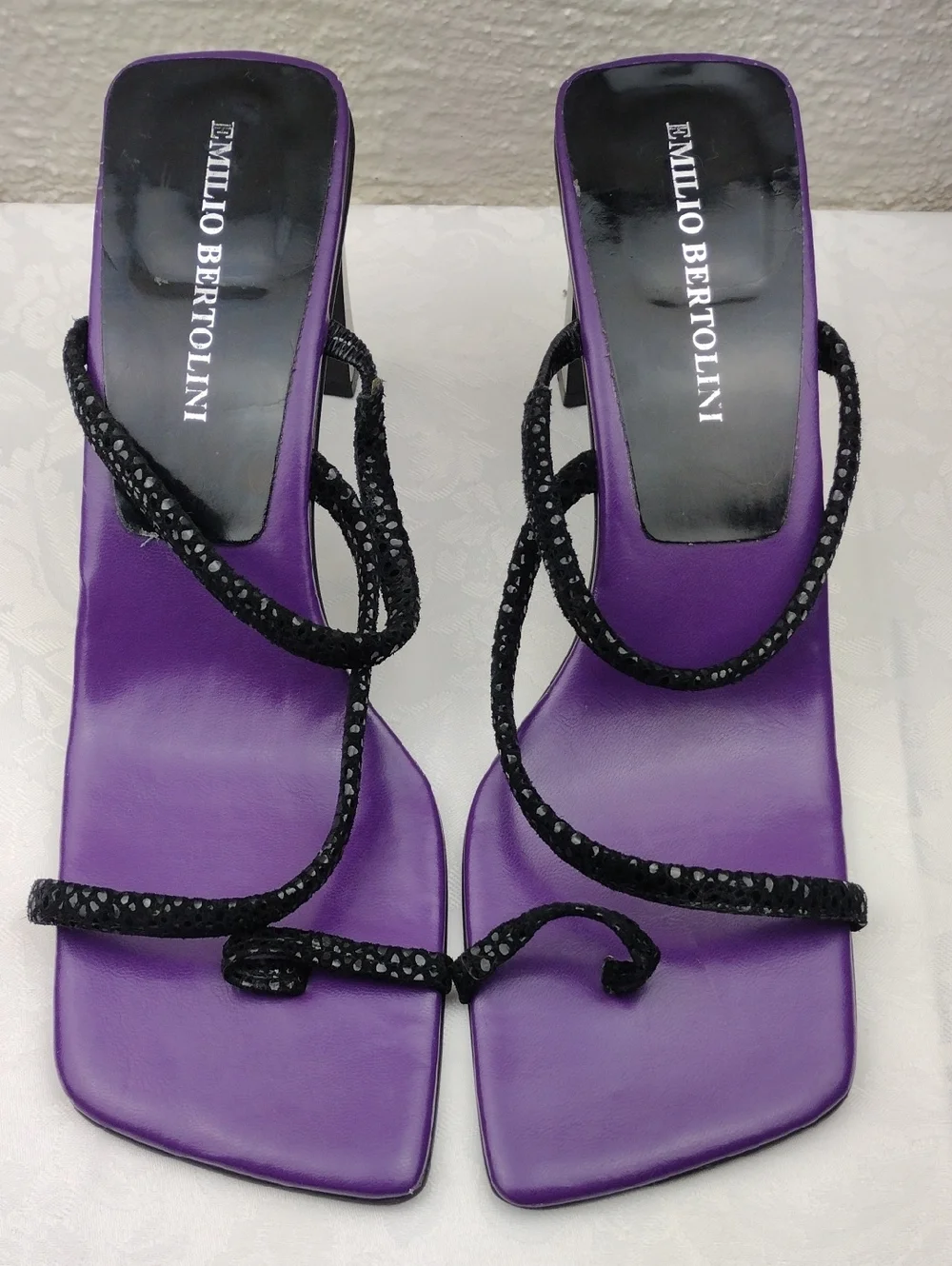 Emilio Bertolini Purple Leather Texture Strappy Square Toe Sculpt Heel Sandal